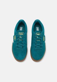 Teal suede sneakers with brown rubber soles, featuring laces, a padded collar, and a gold logo tag on the side.