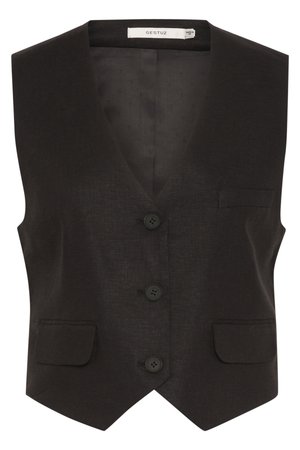 Gilet sans manches noir avec un col en V, trois boutons sur le devant, deux poches et un tissu à texture lisse. Étiquette de marque à l'intérieur.