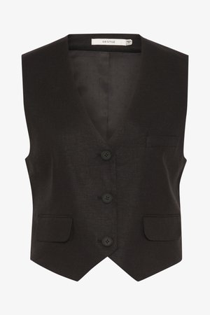 Fekete ujjatlan mellény V-nyakkal, három elülső gombbal, két zsebbel és sima textúrájú anyaggal. Belső címke a márkának.