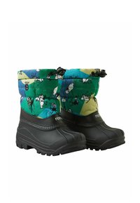 Kolorowe, wodoodporne buty dziecięce z wyściełaną tekstylną cholewką w zielono-niebieski geometryczny wzór i czarną gumową podeszwą.