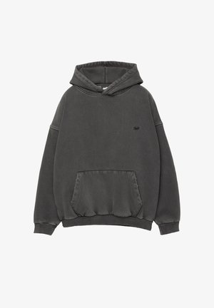 Mørkegrå hætte sweatshirt med frontlomme, ribbede ærmer og kant, samt lille sort broderet logo på brystet.