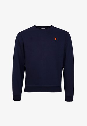 Marineblauwe longsleeve sweatshirt met ronde hals en geribbelde manchetten en zoom, met een klein oranje geborduurd logo op de linkerkant van de borst.