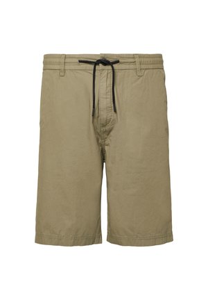 Kakinių trumpinių, pagamintų iš lengvos medžiagos, su elastinga juosta ir juodu virvute, atsipalaidavęs siluetas.