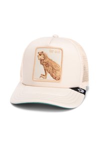 Beige cap with a mesh back, featuring a square patch showing a brown, textured animal design, and the text "far out" above it. Black accent on the side.