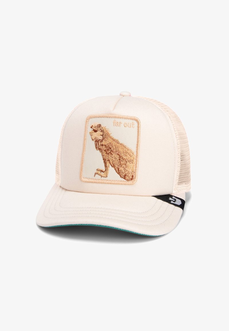 Beige cap with a mesh back, featuring a square patch showing a brown, textured animal design, and the text "far out" above it. Black accent on the side.