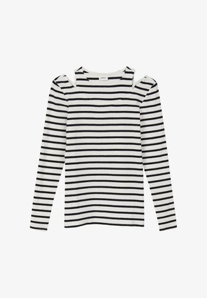 Haut à manches longues blanc à côtes avec des rayures horizontales noires et des découpes au niveau des épaules.