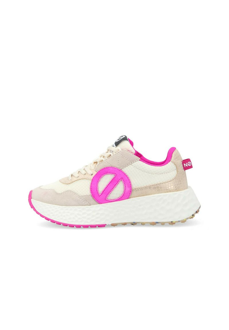 Beige athletic shoe with pink accents, featuring a textured mesh upper, a prominent logo, and a thick, cushioned sole with grip.