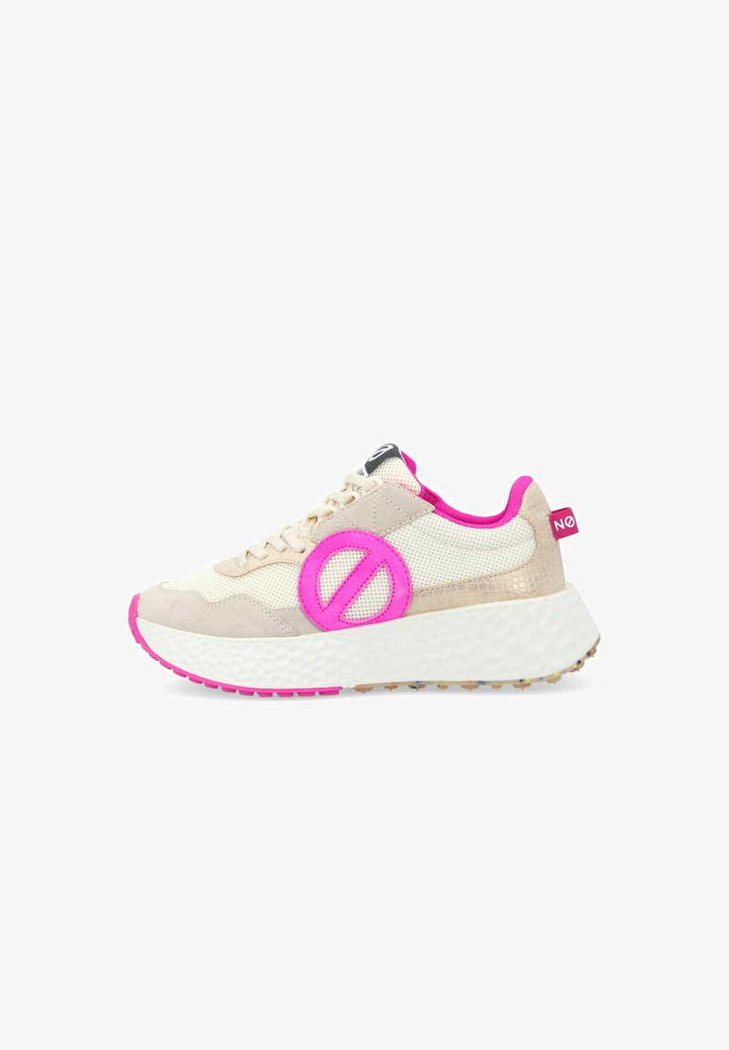 Beige athletic shoe with pink accents, featuring a textured mesh upper, a prominent logo, and a thick, cushioned sole with grip.