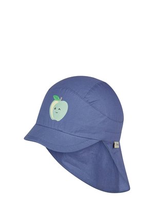 Blue children's sun hat with neck flap and smiling green apple graphic on front.