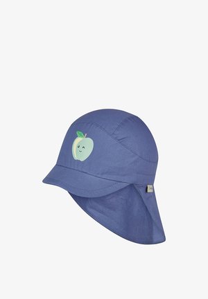 Cappello da sole blu per bambini con protezione per il collo e grafica di una mela verde sorridente davanti.