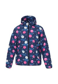 Giacca imbottita realizzata in tessuto lucido. Base blu navy con pianeti multicolori in rosa, bianco e grigio. Presenta un cappuccio e una cerniera frontale.