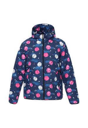Gewatteerde jas van glanzende stof. Marineblauwe basis met meerkleurige planeten in roze, wit en grijs. Voorzien van een capuchon en een ritssluiting aan de voorkant.