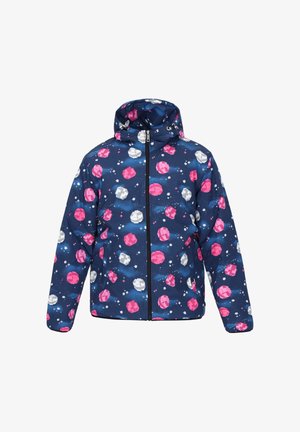 Párnázott kabát fényes anyagból. Sötétkék alap, több színű bolygókkal rózsaszín, fehér és szürke színekben. Kapucnival és elülső cipzárral rendelkezik.