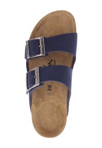 Sandales bleu marine avec deux sangles ajustables, boucles en argent, semelle intérieure en suède rembourrée et semelle plate. Taille 38 indiquée.