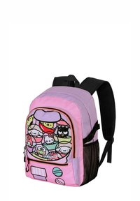 Mochila con un diseño en rosa y morado, que presenta un gran gráfico de personajes de dibujos animados en estilo de máquina de chicles en el bolsillo frontal.