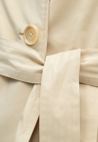 Béžový trenčkot s detailmi na gombíky a zaväzovacím opaskom. Má hladkú, lesklú látku a vertikálne švy na opasku.