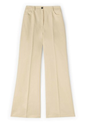 Beige high-waist wijde broekspijpen met plooien aan de voorkant, steekzakken, broekriemlussen en een zwarte knoopsluiting.