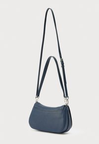 Blue leather shoulder bag with a structured shape, textured surface, adjustable strap, and silver hardware accents.