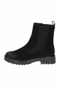 Botas negras hasta el tobillo de material ante con paneles laterales elásticos, un caña texturizada y una suela de goma gruesa con una pestaña en la parte posterior.