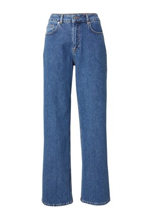 Lichtblauwe denim jeans met een hoge taille, wijde pijpen en klassieke vijf-pocket styling. Bevat stiksels en een metalen knoopsluiting.