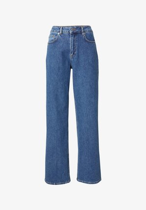 Lichtblauwe denim jeans met een hoge taille, wijde pijpen en klassieke vijf-pocket styling. Bevat stiksels en een metalen knoopsluiting.