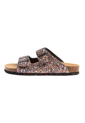 Sandale à glissière scintillante avec deux sangles réglables à boucle, semelle en liège, semelle en caoutchouc texturée et finition en paillettes multicolores.