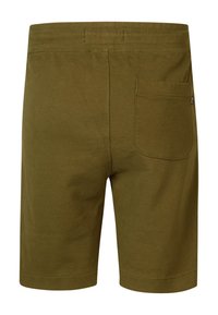 Shorts en coton vert olive avec une taille élastique, comprenant une poche arrière unique sur le côté droit et une texture douce et lisse.