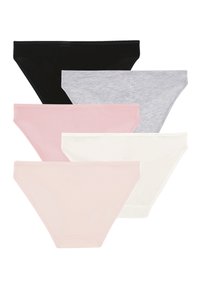 Vijf paar damesonderbroeken in zwart, grijs, roze, lichtroze en wit. Gemaakt van zachte stof met een gladde textuur en standaard snit.