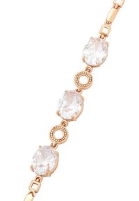 Náramok z ružového zlata s tromi oválnymi priehľadnými kryštálmi prerušovanými kruhovými akcentmi. Hladký povrch a nastaviteľný dizajn s článkami.