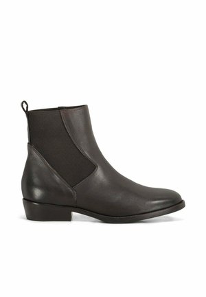 Bottines marron foncé en cuir avec des panneaux élastiques sur les côtés, bout arrondi et petit talon carré. Dotées d'une languette à l'arrière.