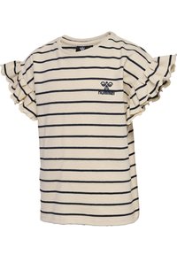Stribet kortærmet skjorte med flæseærmer, fremstillet af beige stof med marineblå striber og et lille broderet logo på brystet.