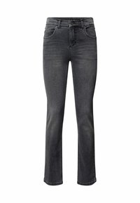 Graue Jeans aus Denim mit geradem Schnitt, fünf Taschen und einem vorderen Knopfverschluss. Merkmale sind dezente Verwaschungen und gestickte Details.