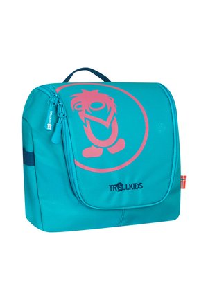 Türkise Rucksack mit einem pinken Cartoon-Charakter-Logo. Verfügt über einen Klappenverschluss, eine Reißverschlusstasche und einen stabilen Griff oben. Verstärkte Nähte.