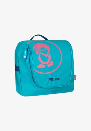 Türkise Rucksack mit einem pinken Cartoon-Charakter-Logo. Verfügt über einen Klappenverschluss, eine Reißverschlusstasche und einen stabilen Griff oben. Verstärkte Nähte.