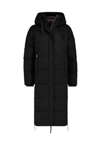 Schwarzer gepolsterter langer Mantel mit Kapuze, ausgestattet mit einem Frontreißverschluss, Kordelzügen und einer gesteppten Textur. Seitentaschen sind vorhanden.