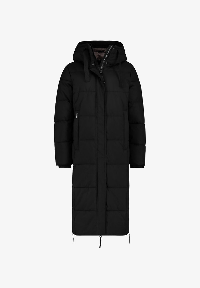 Black padded long coat with a hood, featuring a front zipper, drawstrings, and a quilted texture. Side pockets are included.