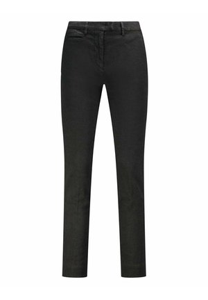 Pantalon noir droit avec poches avant, ceinture et fermeture avant cachée par bouton et zip, présenté sur un fond blanc.