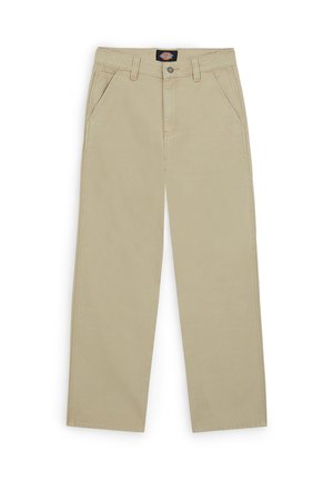 Beige cotton pants with a straight-leg design, featuring front pockets and a button fly. Smooth texture with visible stitching details.