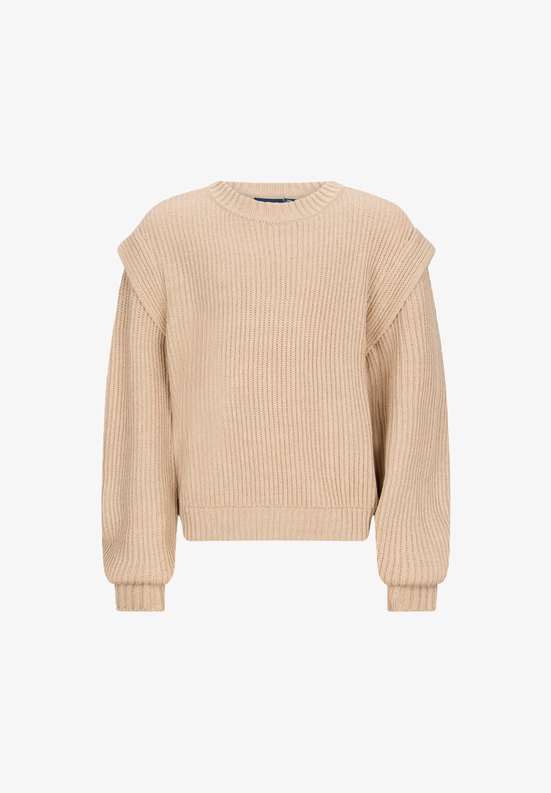 Maglione beige lavorato a maglia con texture a coste, maniche ampie e scollatura tonda. Presenta una vestibilità rilassata con polsini e orlo a coste.