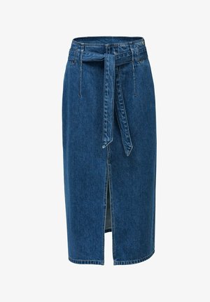 Falda midi de denim azul con abertura frontal y cinturón a juego atado en la cintura, con trabillas para el cinturón y detalle de botón.