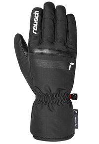 Schwarze Winterhandschuhe aus wasserdichtem Material mit einer Lederhandfläche und einem elastischen Handgelenksausschnitt. Mit Etikett mit "Reusch"-Branding.