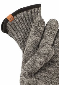 Knitted gloves in a textured gray material, featuring a ribbed cuff, a black trim at the wrist, and a small brown leather tag.