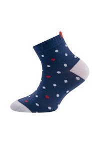 Navyblaue Knöchelsocken mit weißen und roten Punkten, einer kontrastierenden weißen Zehenpartie und roten Akzenten an der Ferse. Aus weichem, dehnbarem Material gefertigt.