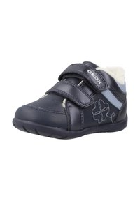 Chaussures pour tout-petits en navy avec double strap Velcro, accents bleu clair, broderies florales et doublure en polaire blanche.