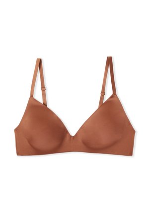 Soutien-gorge triangle marron en matériau lisse, avec des bretelles ajustables et un design sans couture. Pas de rembourrage ni d'armatures.