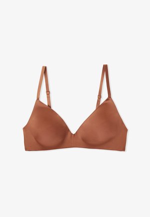 Soutien-gorge triangolare marrone realizzato in materiale liscio, con spalline regolabili e un design senza cuciture. Non presenta imbottitura né ferretti.