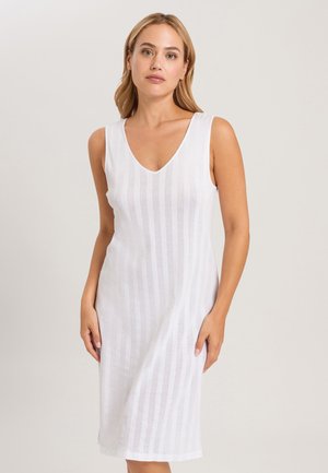 White sleeveless dress with a V-neckline, featuring vertical stripes. Made from lightweight fabric, with a knee-length cut and subtle texture.