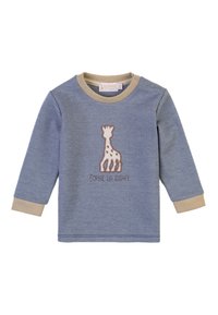 Blaues Langarmshirt mit beigen Bündchen, mit einem gestickten Giraffendesign und dem Text "SOPHIE LA GIRAFFE" darunter. Aus weichem Baumwollmaterial.