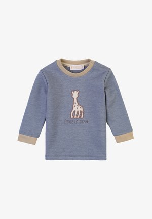 Blaues Langarmshirt mit beigen Bündchen, mit einem gestickten Giraffendesign und dem Text "SOPHIE LA GIRAFFE" darunter. Aus weichem Baumwollmaterial.