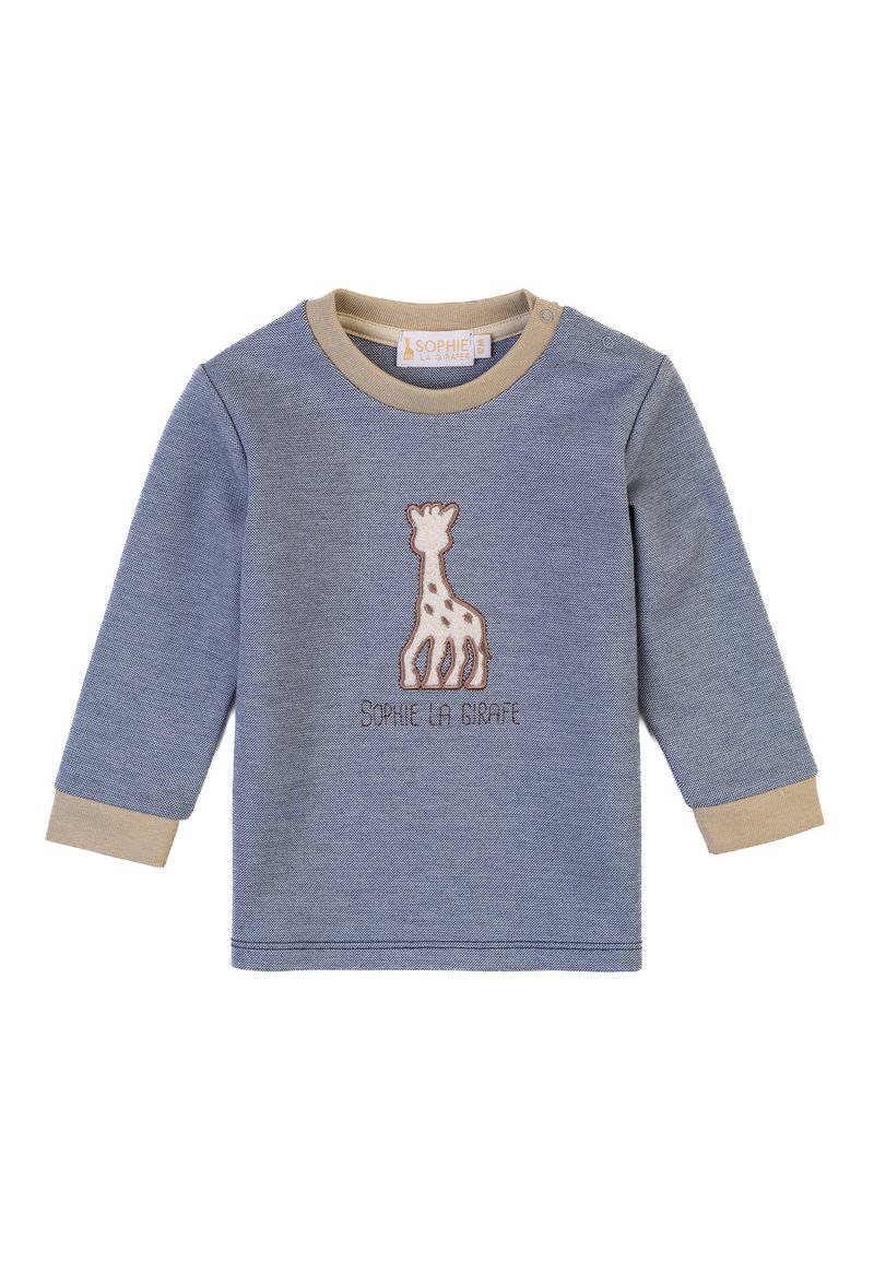 Blaues Langarmshirt mit beigen Bündchen, mit einem gestickten Giraffendesign und dem Text "SOPHIE LA GIRAFFE" darunter. Aus weichem Baumwollmaterial.